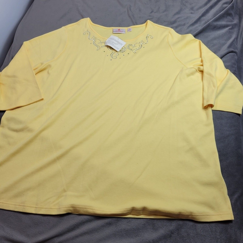 Quacker Factory Blouse Womens 3X Yellow Top Scoop Bedazzled Heart Neck‎ Pullover